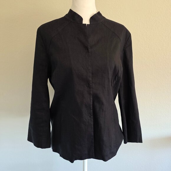 Eileen Fisher Top Tunic Black Linen Blend Asian Mandarin Collar Stretch Size M - Picture 1 of 8